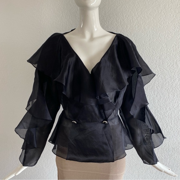 Chic Black Ruffled silk organza Blouse